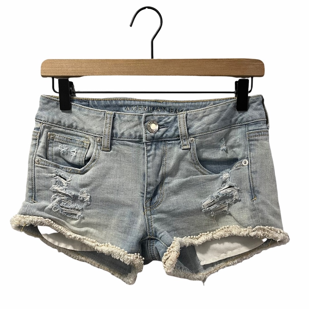 2/$25 🟣 American Eagle Mini Denim Distressed Frayed Pom Pom Jean Shorts Size 2